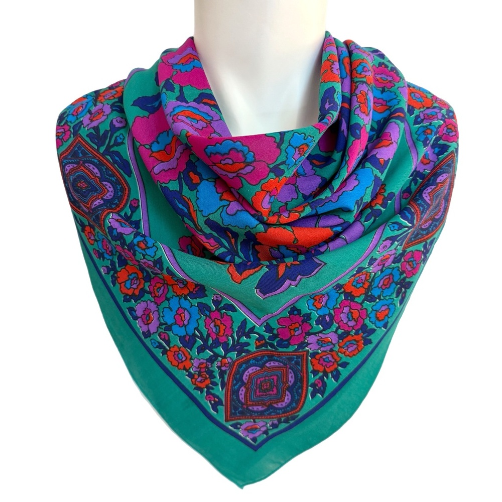 Piromont Vintage Floral Scarf 46” Square – Emerald Green Purple Red Boho Print